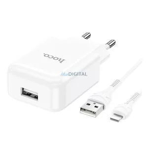 HOCO N2 încărcător de rețea priză USB (10W, încărcător rapid + cablu Lightning) ALB