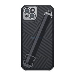   HUSĂ! - Protectie din plastic pentru telefon NILLKIN STRAP (rezistenta la impact mediu, protectie metalica pentru camera + curea de incheietura, model in dungi) NEGRU Apple iPhone 14 Plus