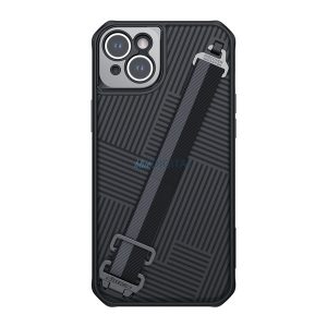 HUSĂ! - Protectie din plastic pentru telefon NILLKIN STRAP (rezistenta la impact mediu, protectie metalica pentru camera + curea de incheietura, model in dungi) NEGRU Apple iPhone 14 Plus