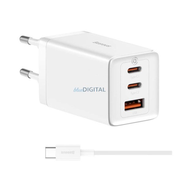Încărcător de rețea BASEUS USB+2 mufă Type-C (65W, încărcător rapid PD + cablu Type-C) ALB