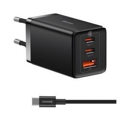   Încărcător BASEUS USB+2 prize de tip C (65W, încărcător rapid PD + cablu de tip C) NEGRU