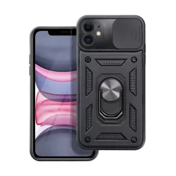   HUSĂ! - Apărător de telefon din plastic Defender (rezistent la impact mediu, interior din silicon, inel suport pentru telefon, protecție cameră) negru Apple iPhone 11