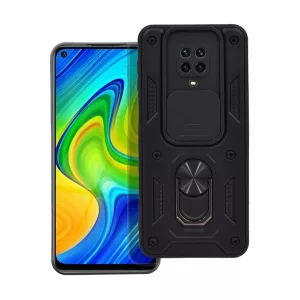 HUSĂ! - Defender protecțiede telefon din plastic (rezistent la șocuri, silicon interior, inel de reținere, protecțiede cameră) negru Xiaomi Redmi Note 9 Pro, Redmi Note 9S