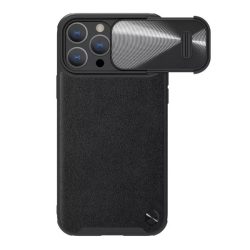   HUSĂ! - Protector de telefon din plastic NILLKIN CAMSHIELD LEATHER (rezistent mediu la șocuri, panou din spate cu efect de piele ECO, protecție pentru cameră) NEGRU Apple iPhone 14 Pro