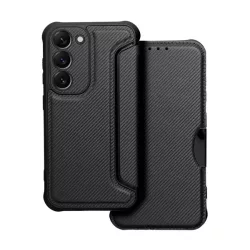   HUSĂ! - Husă în picioare, efect piele (FLIP, deschidere laterală, colț cu pernă de aer, protecție pentru cameră, model carbon) NEGRU Samsung Galaxy S23 (SM-S911)