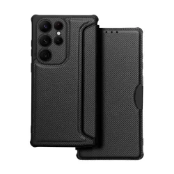   HUSĂ! - Husă stativă, efect piele (FLIP, deschidere laterală, călcâi cu pernă de aer, protecție cameră, model carbon) negru Samsung Galaxy S23 Ultra (SM-S918)