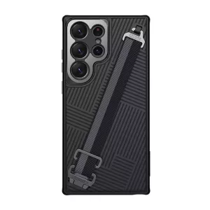 HUSĂ! - Protectie din plastic pentru telefon NILLKIN STRAP (rezistenta la impact mediu, protectie metalica pentru camera + curea de mana, model in dungi) NEGRU Samsung Galaxy S23 Ultra (SM-S918)