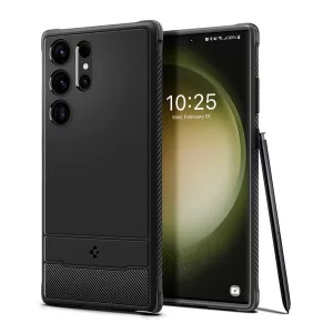HUSĂ! - Protector de telefon din silicon SPIGEN RUGGED ARMOR (rezistență medie la impact, colț cu pernă de aer, model carbon) NEGRU Samsung Galaxy S23 Ultra (SM-S918)