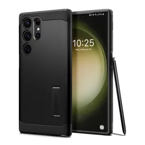 HUSĂ! - SPIGEN TOUGH ARMOR protecție din plastic pentru telefon (cadru din silicon, rezistență medie la impact, absorbție a șocurilor) negru Samsung Galaxy S23 Ultra (SM-S918)