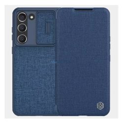   HUSĂ! - Husă NILLKIN QIN PRO în picioare, efect de țesătură (FLIP, deschidere laterală, suport card bancar, protecție pentru cameră) ALBASTRU ÎNCHIS Samsung Galaxy S23 Plus (SM-S916)