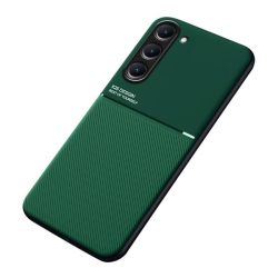   HUSĂ! - Protecție din plastic pentru telefon (cadru din silicon, rezistență medie la impact, placă metalică încorporată, spate cu efect de piele, model în dungi) VERDE ÎNCHIS Samsung Galaxy S23 Plus (SM-S916)