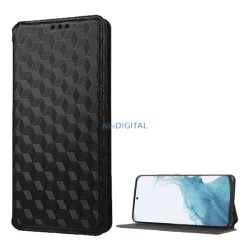   HUSĂ! - Husă în picioare, efect piele (FLIP, deschidere laterală, funcție suport pentru masă, model complet romb 3D, premium) NEGRU Samsung Galaxy S23 Plus (SM-S916)