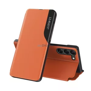 HUSĂ! - Husă în picioare, efect de piele ECO (FLIP activ, deschidere laterală, funcție de suport pentru birou, afișare număr de telefon, fereastră de vizualizare) PORTOCALIU Samsung Galaxy S23 Plus (SM-S916)