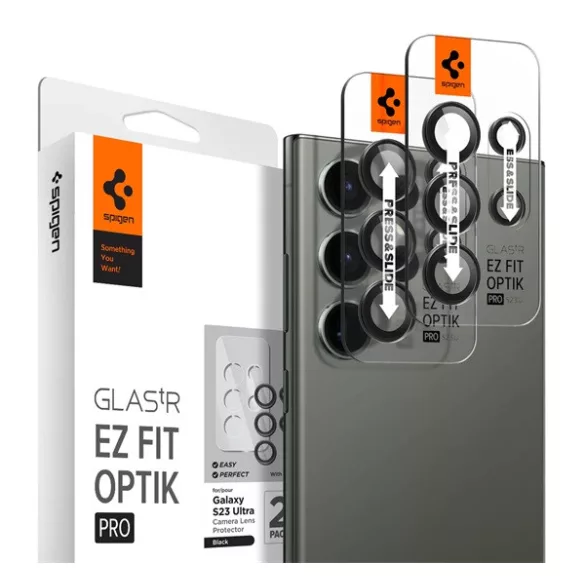 SPIGEN OPTIK PRO sticlă de protecție pentru cameră 2buc (margine rotunjită, rezistentă la zgârieturi, 9H, numai obiectiv) NEGRU Samsung Galaxy S23 Ultra (SM-S918)