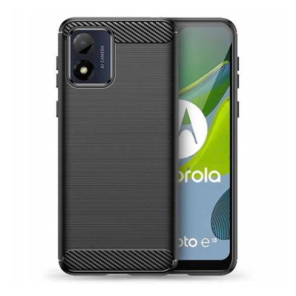Protectie din silicon pentru telefon (rezistenta la impact mediu, colt cu perna de aer, periat, model carbon) NEGRU Motorola Moto E13