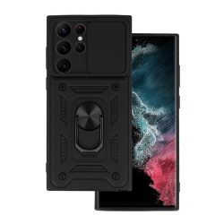   HUSĂ! - Protector de telefon din plastic Defender (rezistență medie la impact, interior din silicon, inel de suport pentru telefon, protecție pentru cameră) NEGRU Samsung Galaxy S22 Ultra 5G (SM-S908)
