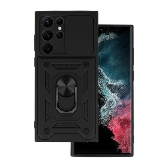 Protector de telefon din plastic Defender (rezistență medie la impact, interior din silicon, inel de suport pentru telefon, protecție pentru cameră) NEGRU Samsung Galaxy S22 Ultra 5G (SM-S908)