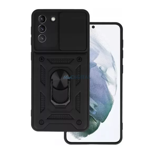 HUSĂ! - Protector de telefon din silicon Defender (rezistent la șocuri, inel de prindere, protector de cameră) BLACK Samsung Galaxy S21 (SM-G991)