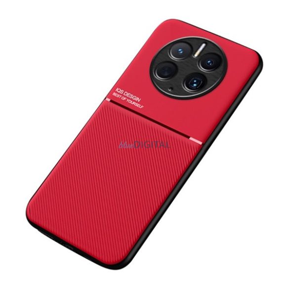 Protecție din plastic pentru telefon (cadru din silicon, rezistență medie la impact, placă metalică încorporată, spate cu efect piele, model în dungi) ROȘU Huawei Mate 50 Pro
