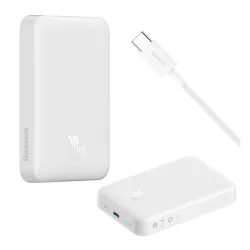   Încărcător de urgență BASEUS MAGNETIC MINI OS Priză tip C (10000mAh, 20W, încărcător rapid PD, fără fir, MagSafe + cablu tip C) ALB