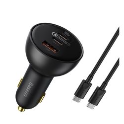   BASEUS QUALCOMM încărcător auto USB+2 priză tip C (100W, încărcător rapid PD 5.0 ​​+ cablu tip C) NEGRU