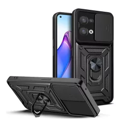   HUSĂ! - Defender din plastic protecțiede telefon (rezistent la impact mediu, interior din silicon, inel titular de telefon, protecția camerei) negru Oppo Reno 8