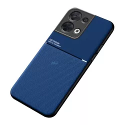   HUSĂ! - Protecție din plastic pentru telefon (cadru din silicon, rezistență medie la impact, placă metalică încorporată, spate cu efect piele, model în dungi) ALBASTRU ÎNCHIS Oppo Reno 8