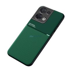   HUSĂ! - Protecție din plastic pentru telefon (cadru din silicon, rezistență medie la impact, placă metalică încorporată, spate cu efect piele, model în dungi) VERDE ÎNCHIS Oppo Reno 8 Pro