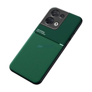 HUSĂ! - Protecție din plastic pentru telefon (cadru din silicon, rezistență medie la impact, placă metalică încorporată, spate cu efect piele, model în dungi) VERDE ÎNCHIS Oppo Reno 8 Pro