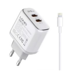   LDNIO A2528M încărcător de rețea 2 prize tip C (35W, încărcător rapid PD + cablu lightning) ALB