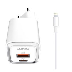   Încărcător de rețea LDNIO A2318M USB+priză de tip C (20W, încărcător rapid PD + cablu lightning) ALB