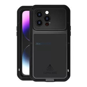 HUSĂ! - LOVE MEI Protector puternic pentru telefon protector (cadru metalic, rezistent la socuri extrem, rezistent la cadere, rezistent la praf + Gorilla Glass) NEGRU Apple iPhone 14 Pro Max