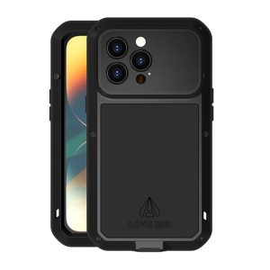 LOVE MEI Protector puternic pentru telefon protector (cadru metalic, rezistent la socuri extrem, rezistent la cadere, rezistent la praf + Gorilla Glass) NEGRU Apple iPhone 14 Pro