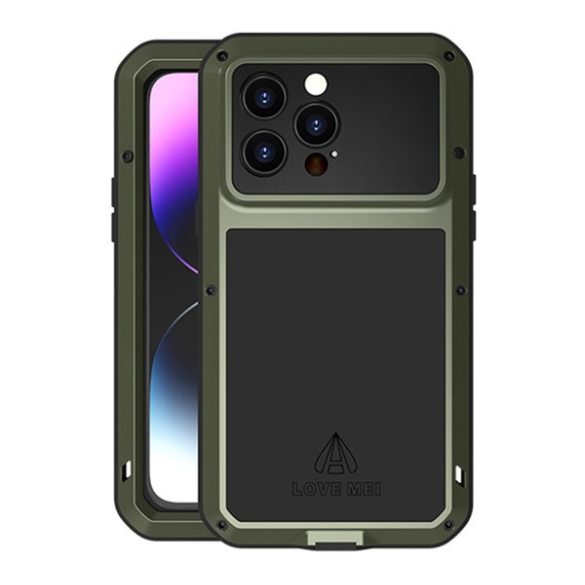 LOVE MEI Protector puternic pentru telefon protector (cadru metalic, rezistent la socuri extrem, rezistent la cadere, rezistent la praf + Gorilla Glass) VERDE ÎNCHIS Apple iPhone 14 Pro Max