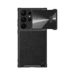   HUSĂ! - Protector de telefon din plastic NILLKIN CAMSHIELD LEATHER (rezistent mediu la impact, spate din piele ECO, protectie camera) NEGRU Samsung Galaxy S23 Ultra (SM-S918)