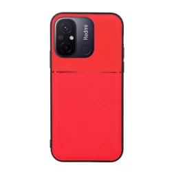   HUSĂ! - Protectie din plastic pentru telefon (cadru din silicon, rezistenta medie la impact, placa metalica incorporata, spate cu efect piele, model in dungi) RED Xiaomi Redmi 12C