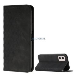   HUSĂ! - Carcasa in picioare, efect piele (FLIP, deschidere laterala, functie suport pentru masa, model 3D romb, premium) NEGRU Motorola Moto G73