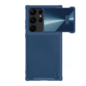 HUSĂ! - Protector de telefon din plastic NILLKIN CAMSHIELD LEATHER (rezistent mediu la șocuri, panou din spate cu efect de piele ecologică, protecție pentru cameră) ALBASTRU ÎNCHIS Samsung Galaxy S23 Ultra (SM-S918)