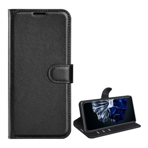 Carcasa in picioare, efect piele (FLIP, deschidere laterala, functie suport desktop, premium) NEGRU Huawei P60 Pro