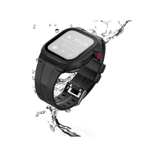 Cadru din plastic SHELLBOX (cureață din silicon, rezistență puternică la impact, IP68 rezistent la apă + sticlă de protecție a ecranului) NEGRU Apple Watch Series SE 2 44mm, Apple Watch Series SE 44mm, Apple Watch Series 6 44mm, Apple Watch Series 5