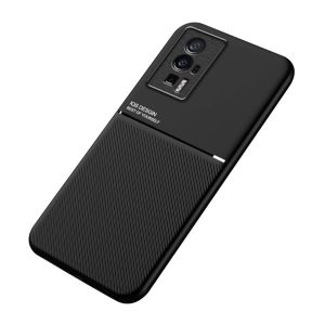 Protectie din plastic pentru telefon (cadru din silicon, rezistenta medie la impact, placa metalica incorporata, spate cu efect piele, model in dungi) NEGRU Xiaomi Poco F5 Pro