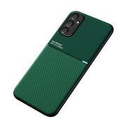   Protecție din plastic pentru telefon (cadru din silicon, rezistență medie la impact, placă metalică încorporată, spate cu efect piele, model în dungi) VERDE ÎNCHIS Samsung Galaxy A34 5G (SM-A346)