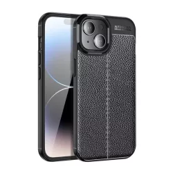   HUSĂ! - Protector de telefon din silicon (rezistenta la impact mediu, efect piele, model de cusaturi) NEGRU Apple iPhone 15 Plus