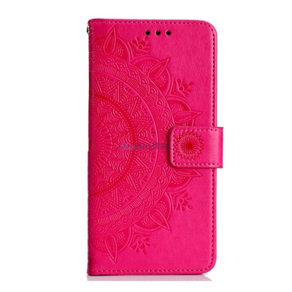Husă în picioare, efect piele (FLIP, deschidere laterală, funcție de suport pentru masă, curea de mână, model mandala) ROZ Apple iPhone 15 Plus