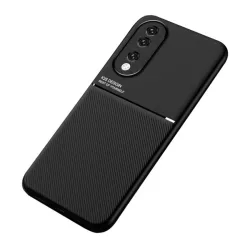   HUSĂ! - protecțiede telefon din plastic (cadru din silicon, rezistent la impact mediu, placă metalică încorporată, spate cu efect de piele, model cu dungi) negru Honor 90 5G