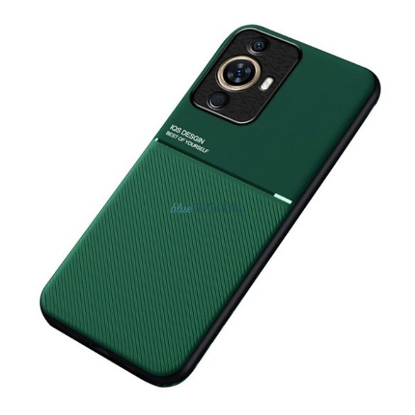 Protecție din plastic pentru telefon (cadru din silicon, rezistență medie la impact, placă metalică încorporată, spate cu efect piele, model în dungi) VERDE ÎNCHIS Huawei Nova 11 Pro