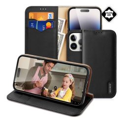   HUSĂ! - Husa DUX DUCIS HIVO in picioare, piele naturala (FLIP, deschidere laterala, functie suport de masa, suport card bancar, protectie RFID) NEGRU Apple iPhone 15 Pro Max