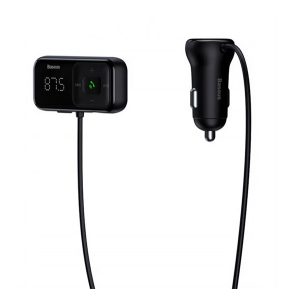 BASEUS transmițător FM bluetooth încărcător auto 2 prize USB (16W, încărcător, cititor microSD, AUX, cablu spiralat) NEGRU