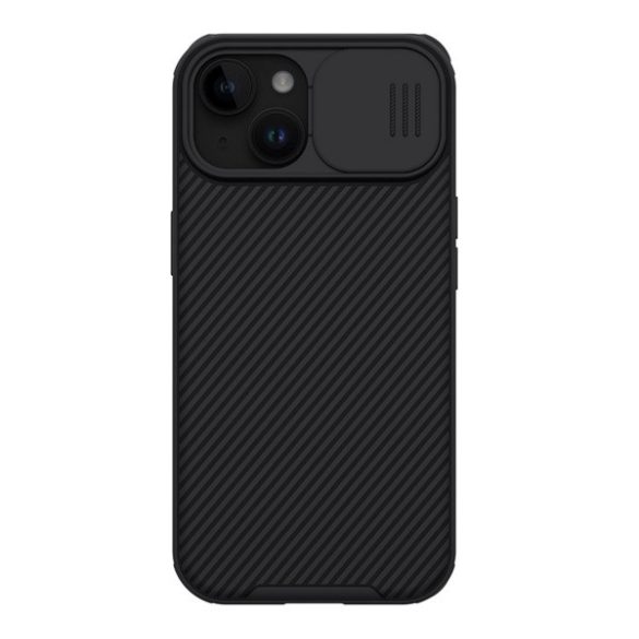 Protector de telefon din plastic NILLKIN CAMSHIELD PRO (cadru din silicon, rezistenta medie la impact, protectie camera, model in dungi) NEGRU Apple iPhone 15