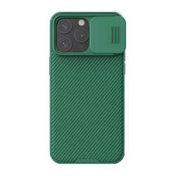   HUSĂ! - Protector de telefon din plastic NILLKIN CAMSHIELD PRO (cadru din silicon, rezistenta medie la impact, protectie camera, model in dungi) VERDE INCHIS Apple iPhone 15 Pro Max